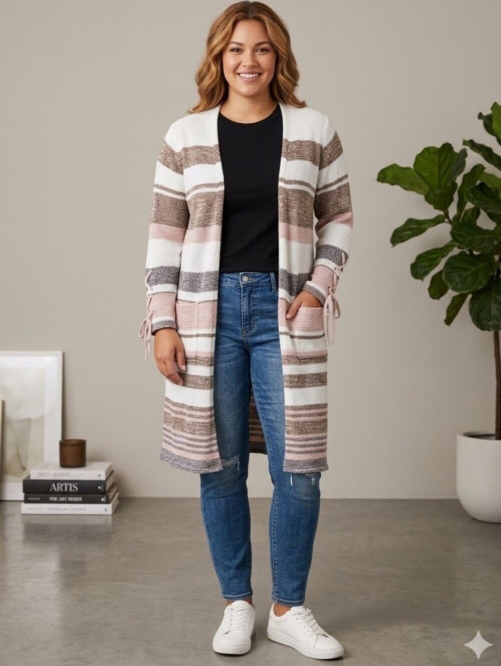 Cato Long Duster Cardigan Sweater Knit Striped Pink Gray Lace Up Sleeve Size Lg